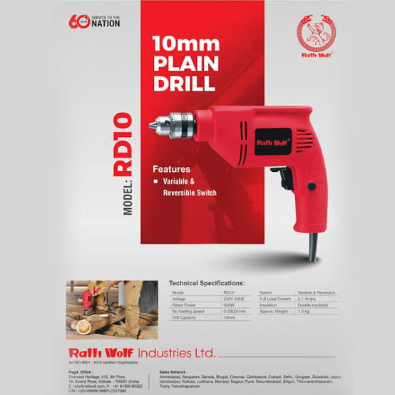 Ralli Wolf RD10 10mm Plain Electric Drill Machine 500W with 0–2800 RPM Variable Speed and Reversible Operation