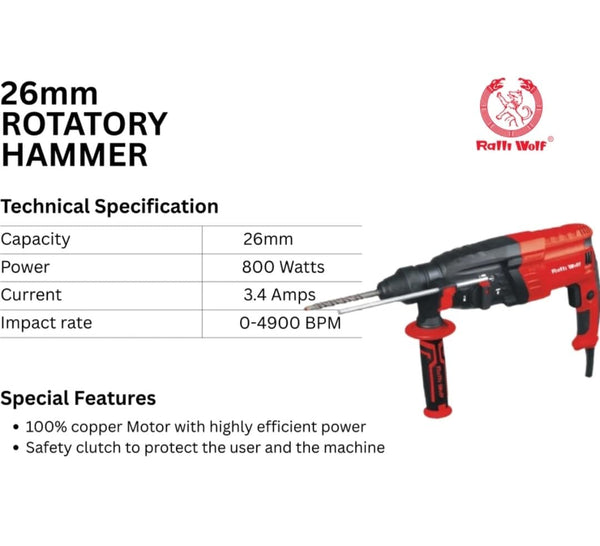 Ralli Wolf RW-26H 26mm Professional Rotary Hammer Drill | 800W SDS Plus Hammer Drill