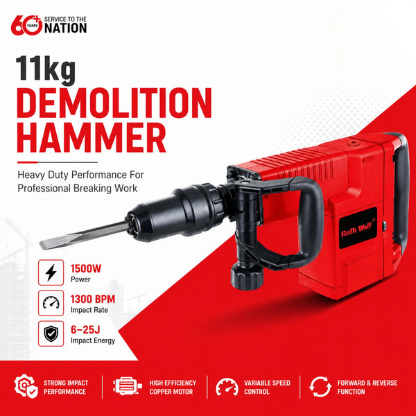 Ralli Wolf RW11H 1500W Heavy-Duty Demolition Hammer with Double Motor Design and Anti-Vibration System for Concrete Breaking, Masonry Removal and Construction Applications