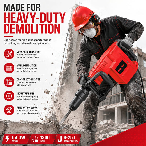 Ralli Wolf RW11H 1500W Heavy-Duty Demolition Hammer with Double Motor Design and Anti-Vibration System for Concrete Breaking, Masonry Removal and Construction Applications