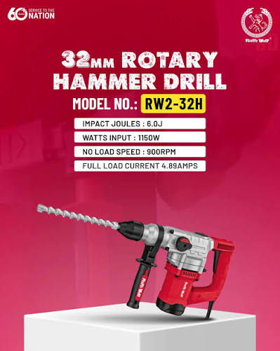 Ralli Wolf RW2-32H 32mm Heavy Duty Rotary Hammer Drill | 1150W Electric Hammer Drill | 6.0J Impact Energy | 100% Copper Motor