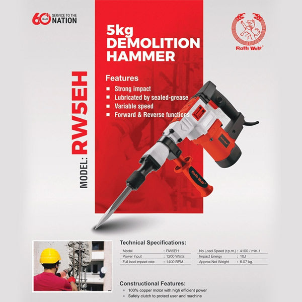 Ralli Wolf RW5EH 5Kg Demolition Hammer – 1200W, 10J