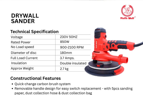 Ralli Wolf RWS180 180mm Professional Drywall Sander – 850W Motor, Variable Speed 900–2100 RPM, Double Insulated Design for Wall and Ceiling Sanding