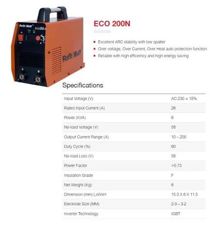 Ralli Wolf ECO200N ARC 200 IGBT Inverter Welding Machine 200A Single Phase Portable Welder