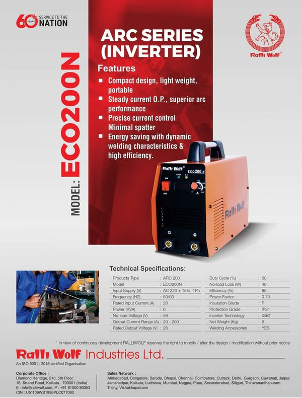 Ralli Wolf ECO200N ARC 200 IGBT Inverter Welding Machine 200A Single Phase Portable Welder