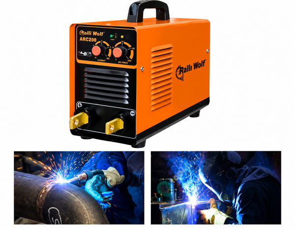 Ralli Wolf R76 ARC 200 200A IGBT inverter welding machine with 220V single-phase input and welding accessories for fabrication and maintenance.