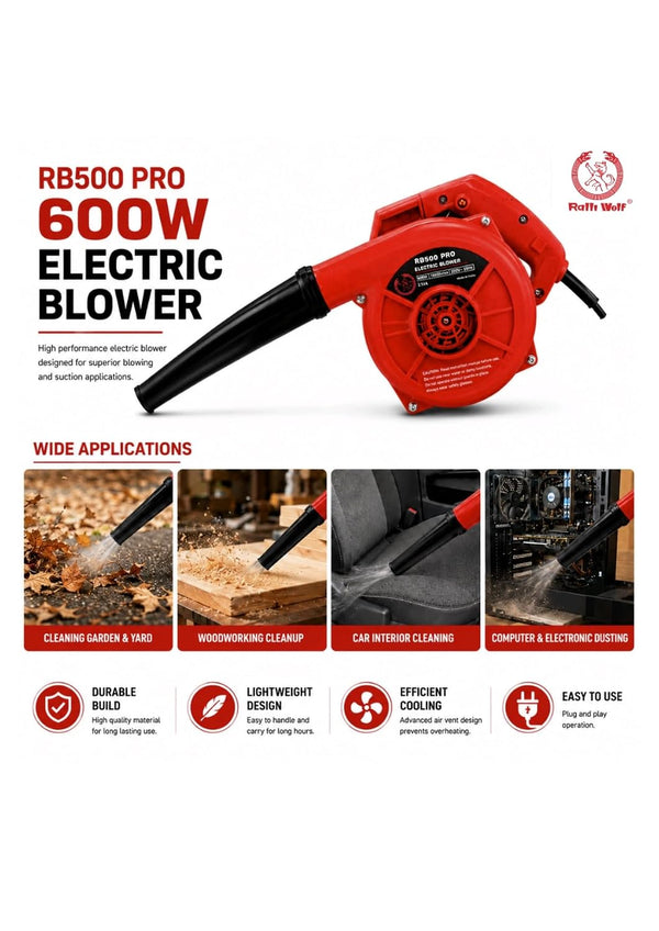 Ralli Wolf RB500 PRO 600W Electric Blower with 3.8 m³/min airflow, 16000 RPM speed and dual blowing & suction functions. Ideal for workshop and equipment cleaning.