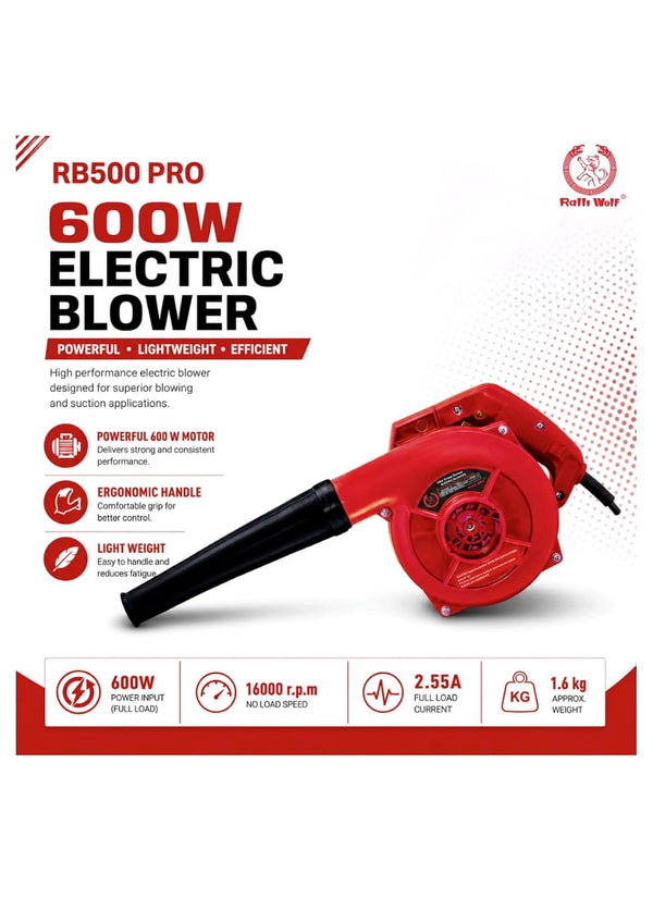 Ralli Wolf RB500 PRO 600W Electric Blower with 3.8 m³/min airflow, 16000 RPM speed and dual blowing & suction functions. Ideal for workshop and equipment cleaning.