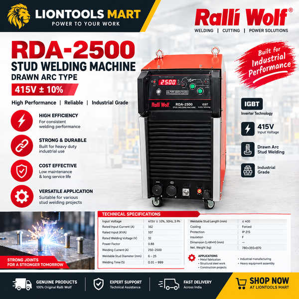 Ralli Wolf RDA 2500 Drawn Arc Stud Welding Machine, 415V 3-Phase Industrial Inverter Welder