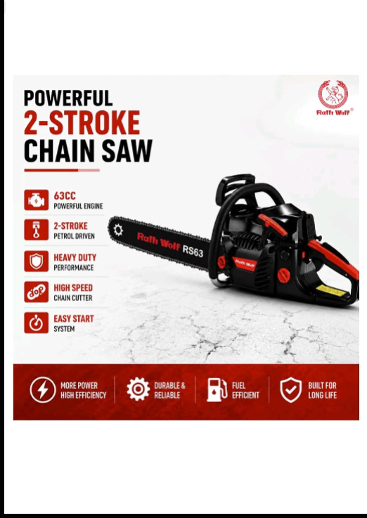 Ralli Wolf RS63 2-Stroke Petrol Chain Saw with 63cc Engine, 2.9kW Power Output and 22-Inch Guide Bar