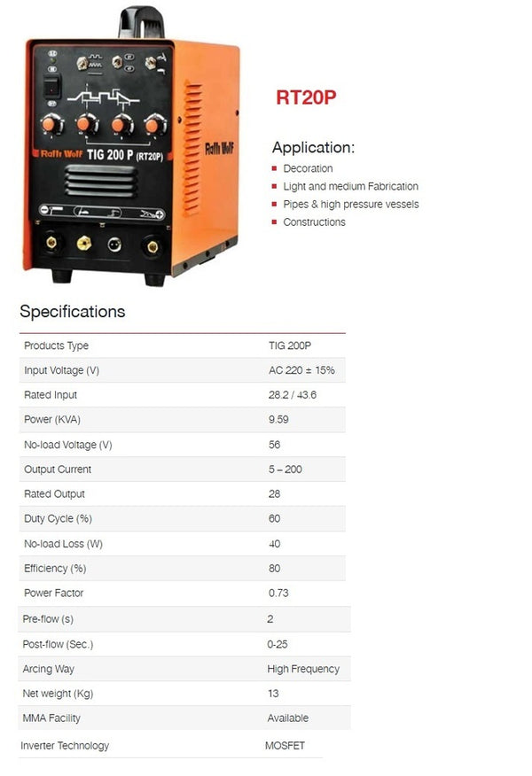 Ralli Wolf RT20P TIG 200P 200A pulse DC inverter welding machine with MMA function, high-frequency arc starting and digital current display, 220V single phase.