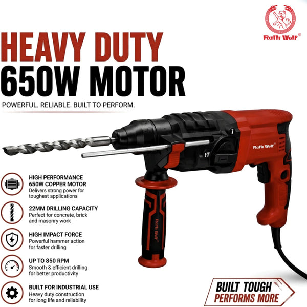 Ralli Wolf RW22RH 650W Professional Rotary Hammer Drill, 22mm Drilling Capacity with Variable Speed for Concrete, Masonry, Construction and Installation Applications