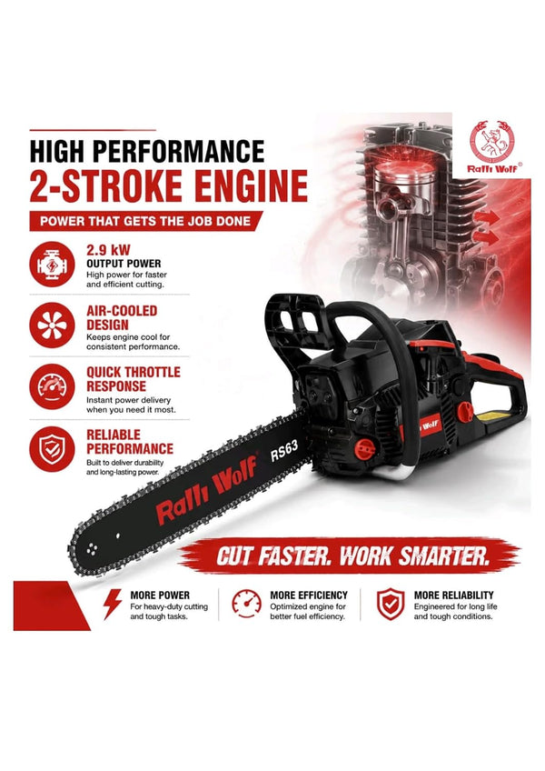 Ralliwolf, Ralli Wolf RS63-20, RS63-20, 63CC Chain Saw, 20Inch Chain Saw, Gasoline Chain Saw, Petrol Chain Saw, Gas Powered Chain Saw, Tree Cutting Machine, Tree Felling Machine, Firewood Cutting Machine, Timber Cutting Machine, Log Cutting Machine, Forestry Chain Saw, Agricultural Chain Saw, Garden Chain Saw, Farm Chain Saw, 2-Stroke Chain Saw, 63CC Petrol Chain Saw, 2.9kW Chain Saw, 0.325 Inch Chain Saw, 20 Inch Petrol Saw, Heavy Duty Chain Saw, Professional Chain Saw, Wood Cutting Machine, Branch Cutting
