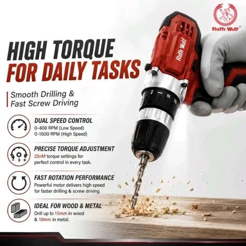 Ralli Wolf RCD12V 12V cordless drill driver with 25Nm torque for 10mm steel, 15mm wood drilling and fastening applications
