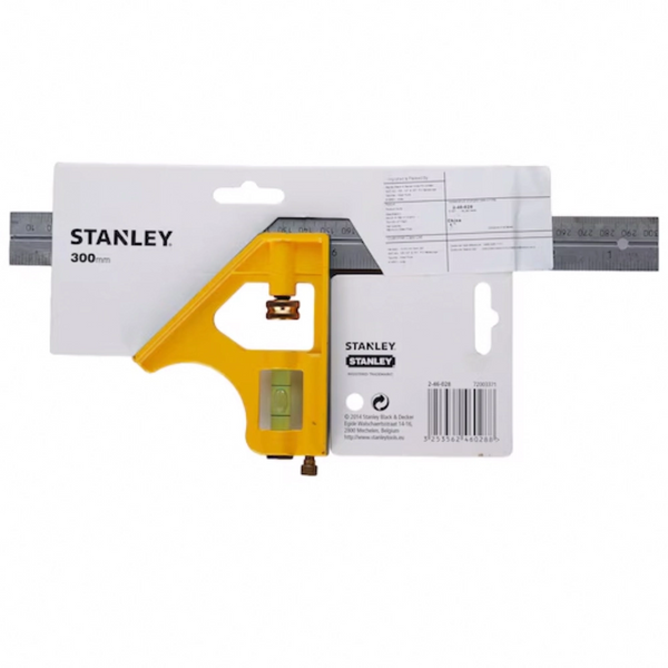Stanley combination square, 2-46-028, 12 inch combination square, 300mm combination square, Stanley square, diecast combination square, carpenter square, woodworking square, measuring square, layout square, spirit level square, rafter measuring tool, carpentry measuring tool