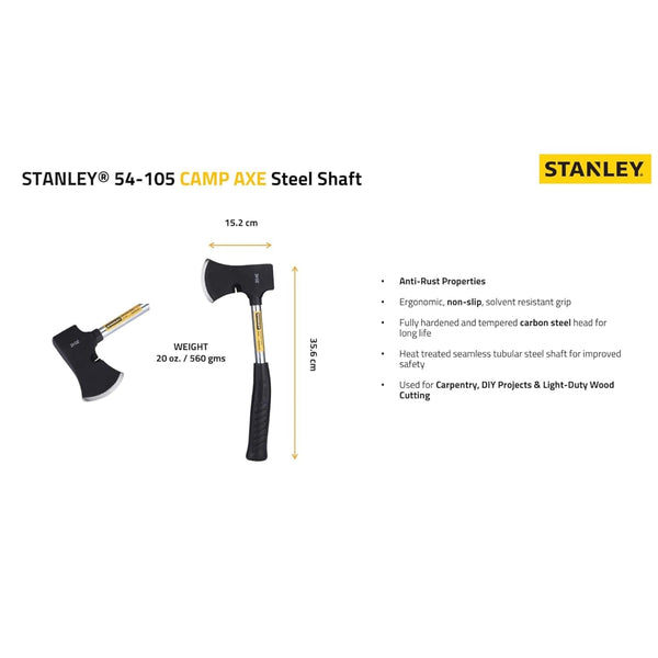 Stanley, Stanley 54-105, Stanley Camp Axe, 560Gms Camp Axe, 20 Oz Camp Axe, Steel Shaft Axe, Camping Axe, Wood Cutting Axe, Bushcraft Axe, Firewood Chopping Axe, Garden Axe, Outdoor Hand Tools, Carbon Steel Axe, Landscaping Tools, Woodworking Axe, Professional Camp Axe, Stanley Hand Tools, Camping Equipment, Lion Tools Mart