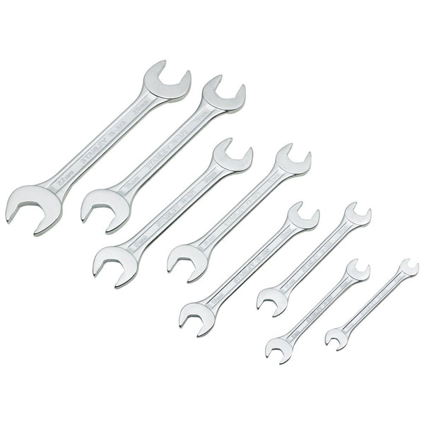 Stanley 70-379E 8 Pcs Double Open Ended Spanner Set made from Chrome Vanadium steel with Maxi-Drive™ anti-slip jaws. Ideal for automotive repair, workshops, garages, mechanical servicing, and industrial maintenance.