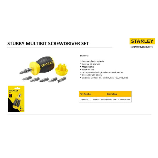 Stanley 0-66-357, Stanley Multibit Screwdriver, Stanley Stubby Screwdriver, Multibit Stubby Screwdriver, Compact Screwdriver, Chrome Vanadium Screwdriver, Interchangeable Bit Screwdriver, Electrical Screwdriver, Electronics Repair Tools, Automotive Repair Tools, Maintenance Tools, Workshop Hand Tools, DIY Hand Tools, Professional Screwdriver, Furniture Assembly Tools, Mechanic Screwdriver, Bi-Material Handle Screwdriver, Stanley Professional Tools, General Repair Tools, Lion Tools Mart