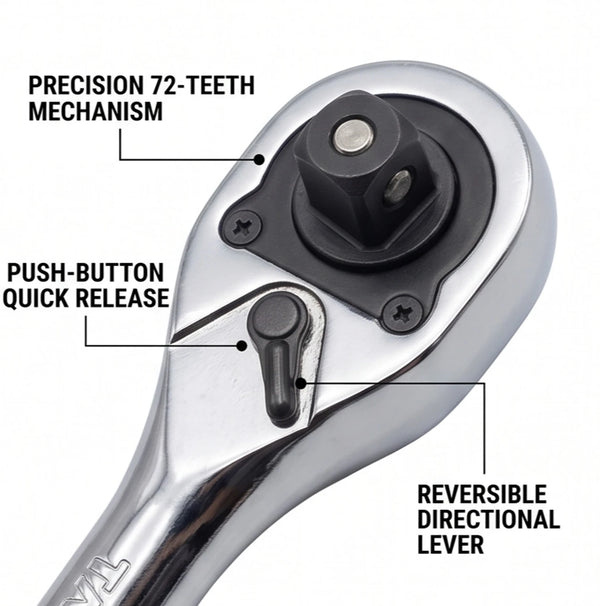 TATA SHR002 1/2 Inch Drive 90T Ratchet Handle 250mm | Quick Release Reversible Socket Accessory