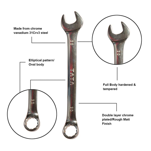 TATA SPC013 Combination Spanner Set 8 Pcs | Open End & Ring End Spanner Set | Professional Metric Wrench Set