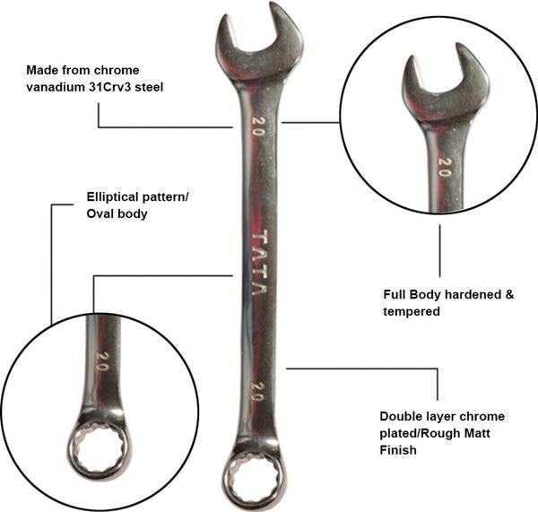 TATA SPC014 Combination Spanner Set 12 Pcs | Open End & Ring End Combination Wrench Set | Professional Metric Spanner Set