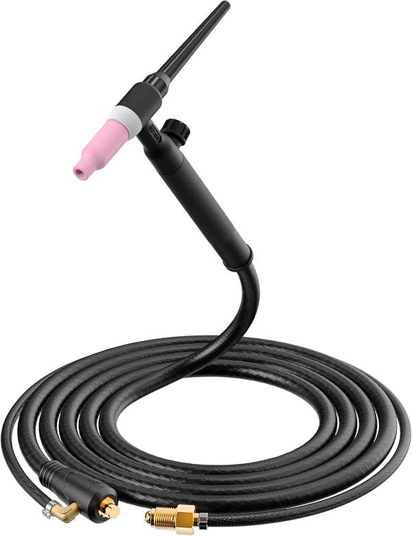 A black welding torch with a pink ceramic tip and a long coiled black cable, shown on a plain white background.