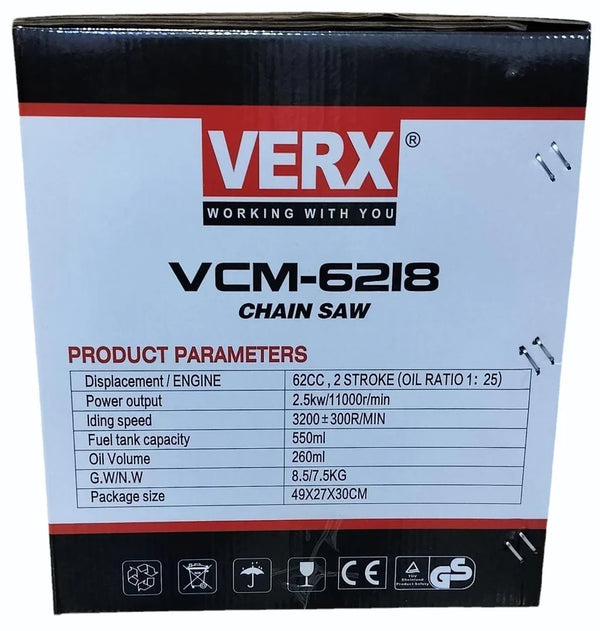 Verx 62CC Chain Saw Air Cooled 2-Stroke Single Cylinder | Heavy Duty Petrol Chain Saw