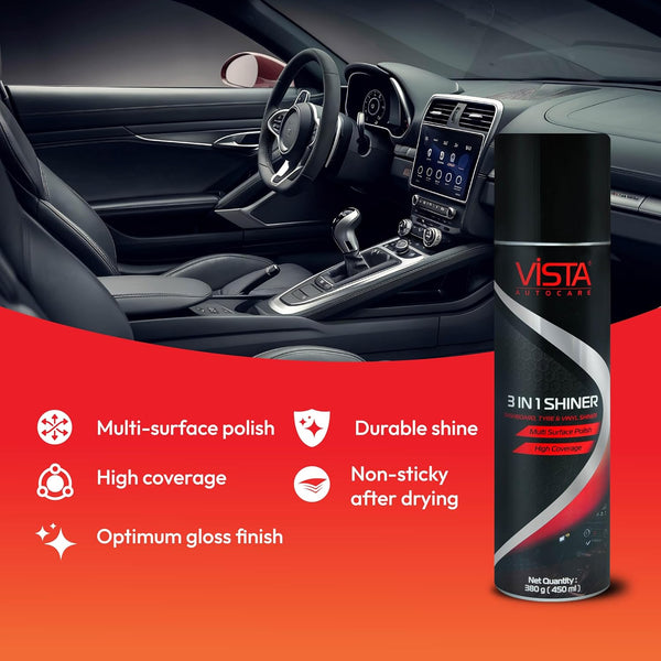 Vista, Vista 3-in-1 Shiner, 450ml 3-in-1 Shiner, 3-in-1 Car Shiner, Car Shiner, Automotive Shiner, Dashboard Shiner, Dashboard Polish, Car Dashboard Polish, Plastic Shiner, Plastic Polish, Vinyl Shiner, Vinyl Polish, Rubber Shiner, Rubber Polish, Car Interior Shiner, Interior Trim Polish, Car Shine Product, Automotive Shine Restorer, Car Detailing Product, Automotive Detailing Product, Car Care Products, Vehicle Care Products, Car Wash Products