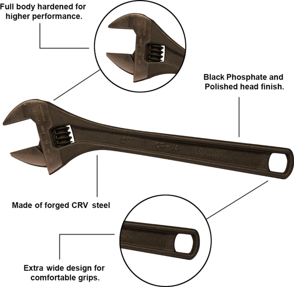 TATA WRAI03 12 Inch Adjustable Wrench | Heavy Duty Adjustable Spanner | Professional Adjustable Jaw Wrench
