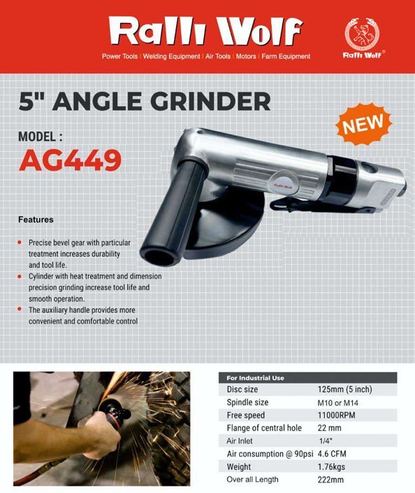 Ralli Wolf AG449 5-Inch Pneumatic Angle Grinder with 125mm Disc Capacity and 11000 RPM Speed for Industrial Metal Grinding and Fabrication