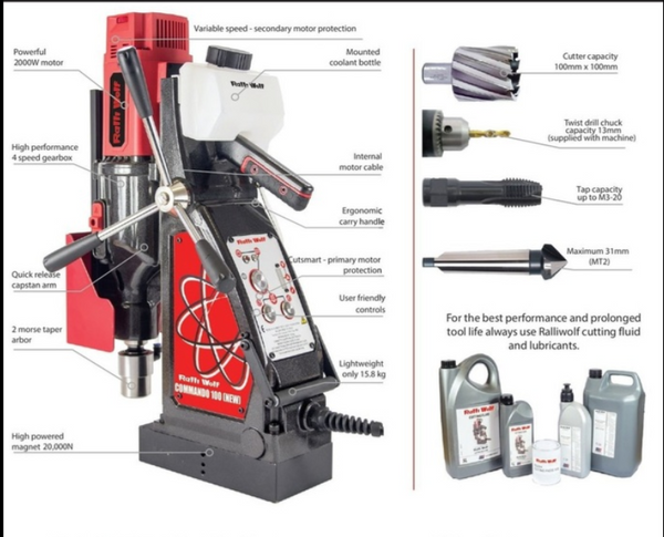 Ralli Wolf Commando 100 New 2000W Magnetic Core Drill Machine with 100mm Drilling Capacity, 20000N Magnetic Adhesion and MT3 Adaptor