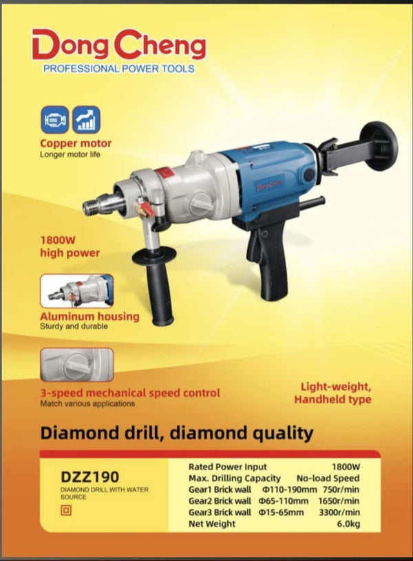 Dongcheng DZZ90 Electric Diamond Core Drilling Machine 1350W, Adjustable Speed 0–2300 RPM, 90mm Maximum Drilling Capacity with Water Supply Accessories