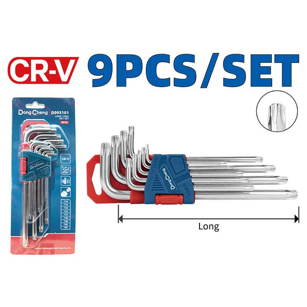 DongCheng HD093101 9-Piece Long Arm Chrome-Plated Chrome Vanadium (CR-V) Torx Star Key Set (T10–T50)