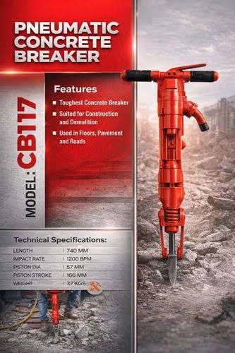 Ralli Wolf CB117 Heavy-Duty Pneumatic Concrete Breaker with 1200 BPM Impact Rate and 37kg Net Weight.