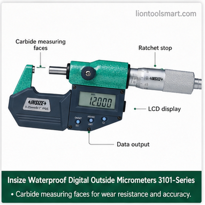 Insize Waterproof Digital Outside Micrometers 25-50mm/1-2Inch 3101-50A | With Data Output Measurement Instrument