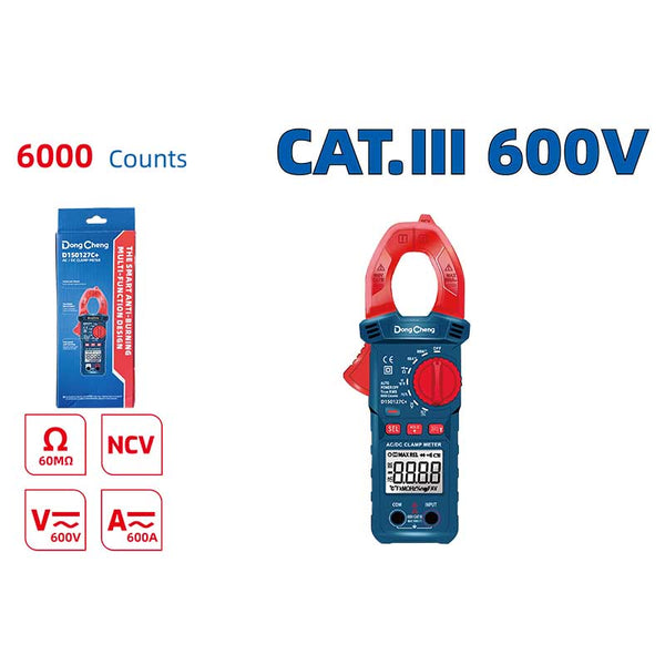 DONGCHENG DC/AC Clamp Meter 6000 Counts, 600A, CAT.III 600V, with NCV and Temperature (HD150127C)-A 6000-count clamp meter for AC and DC current up to 600 A, with frequency, duty cycle, and temperature.