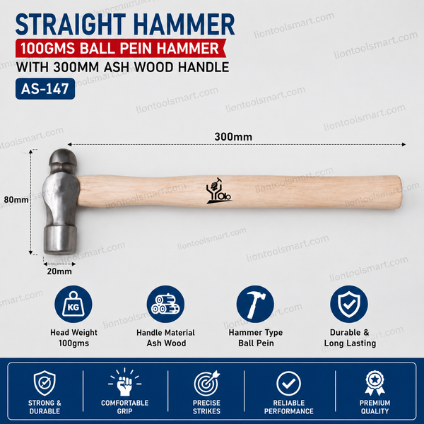 AS 100g Ball Pein Hammer with 300mm Ash Wood Handle | Professional Machinist Hammer