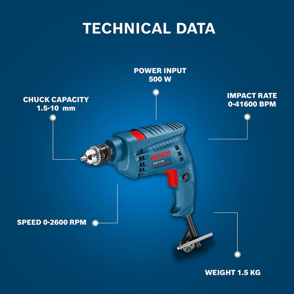 BOSCH IMPACT DRILL KIT GSB10 RE 10MM 500W