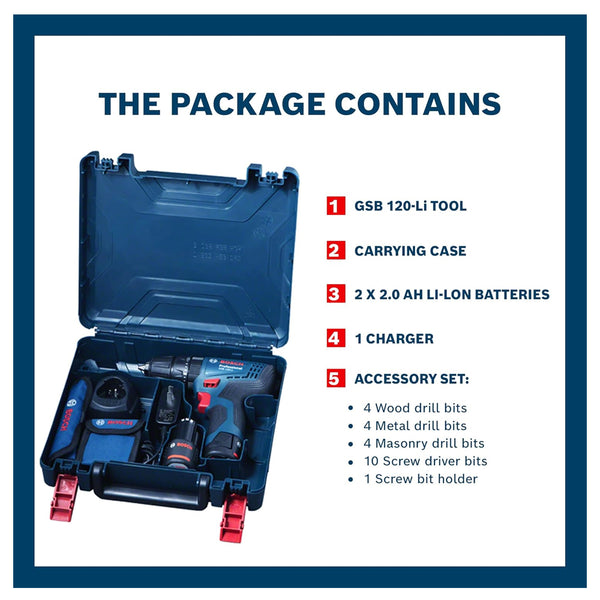 BOSCH CORDLESS DRILL KIT GSB 120-LI 10MM 12V