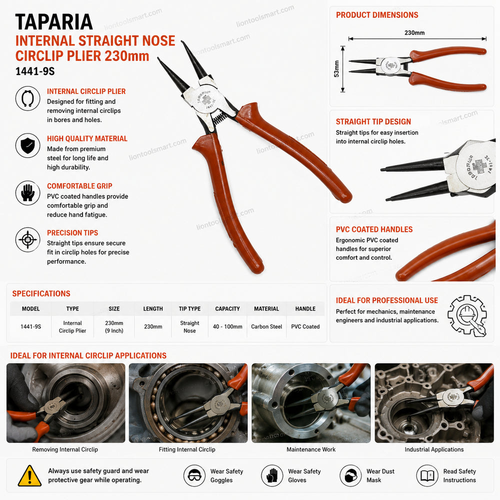 Taparia Internal Straight Nose Circlip Plier 1441-9S | 230mm Professional PVC Dip Coated