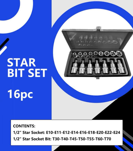 Craftshands 16 Pc Torx & E Socket Set | Star & External Torx Bit Set for Automotive Use