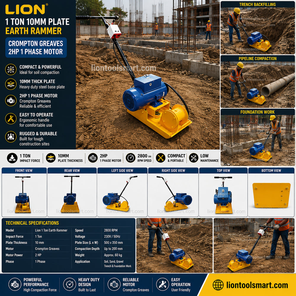 Lion 1 Ton 10mm Plate Earth Rammer with Crompton Greaves 2HP 1 Phase Motor | Electric Soil Compactor