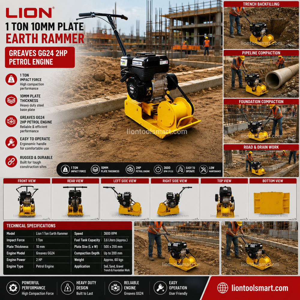 Lion 1 Ton 10mm Plate Earth Rammer with Greaves GG24 2HP Petrol Engine | Compact Soil Compactor