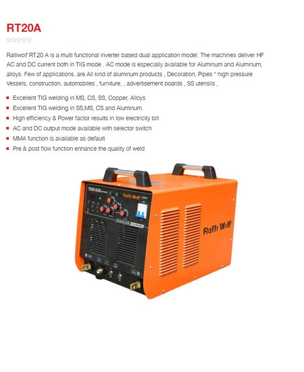 Ralli Wolf RT20A TIG 200 AC/DC 200A MOSFET inverter welding machine with MMA function for aluminium and steel welding, single-phase 220V.