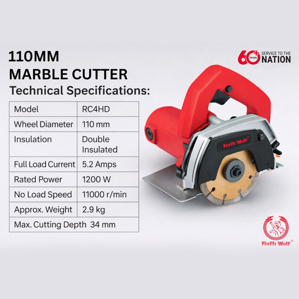 Ralli Wolf RC4HD 110mm 1200W Marble Cutter with 11,000 RPM speed and 34mm cutting depth. Double-insulated machine for marble and granite cutting.