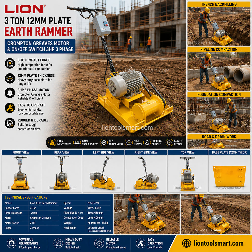 Lion 3 Ton 12mm Plate Earth Rammer with Crompton Greaves Motor & On/Off Switch 3HP 3 Phase | Electric Soil Compactor