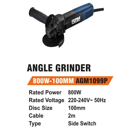 Ferm AGM1099P Angle Grinder 800W 100mm Side Switch