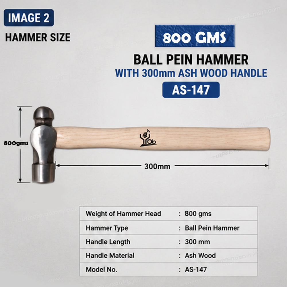 AS 800g Ball Pein Hammer with 300mm Ash Wood Handle AS-147 | Heavy Duty Professional Machinist Hammer