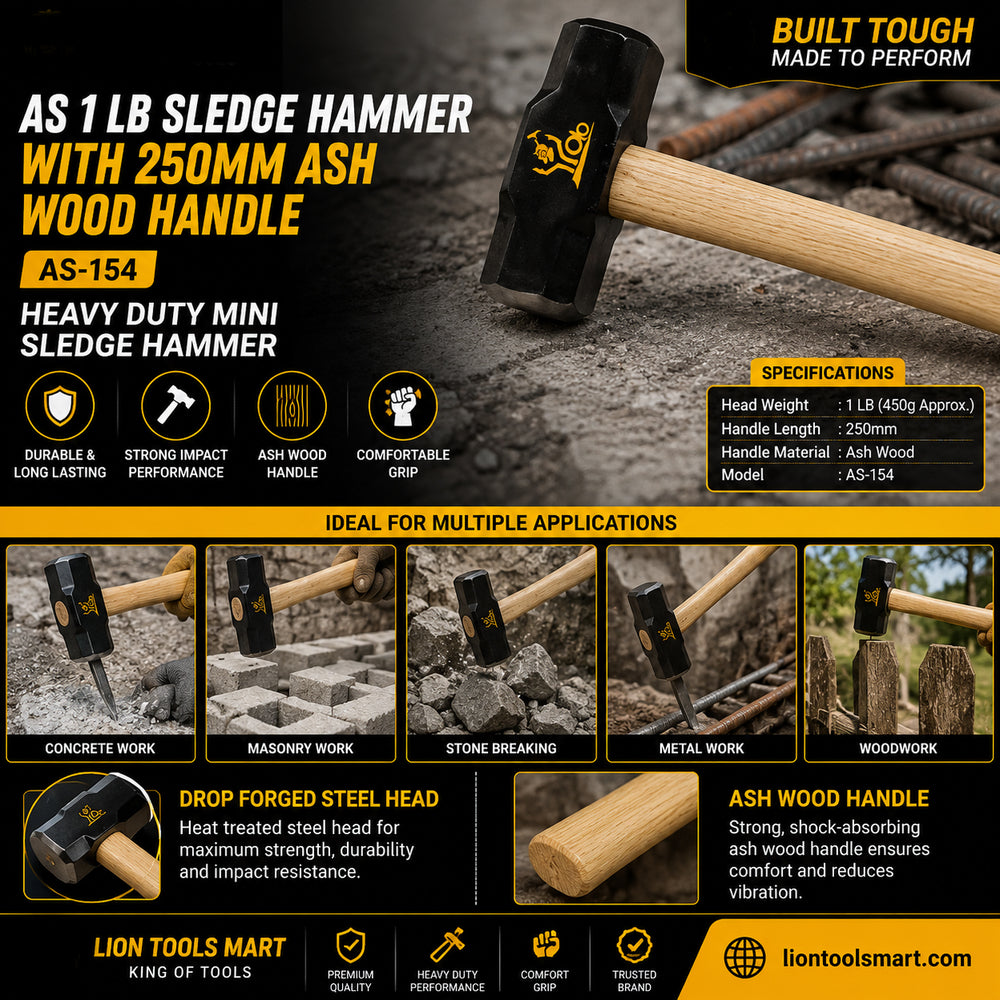 AS 1.5 LB Sledge Hammer with 250mm Ash Wood Handle AS-154 | Heavy Duty Club Hammer for Construction & Demolition