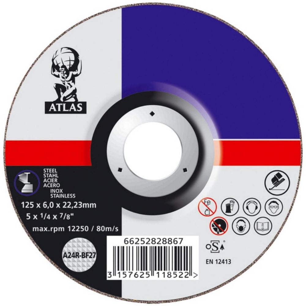 Atlas 5 Inch 125x6x22.23mm Grinding Wheel | Type 27 A24R-BF27 Metal & Inox Grinding Disc for Welding, Fabrication & Industrial Applications